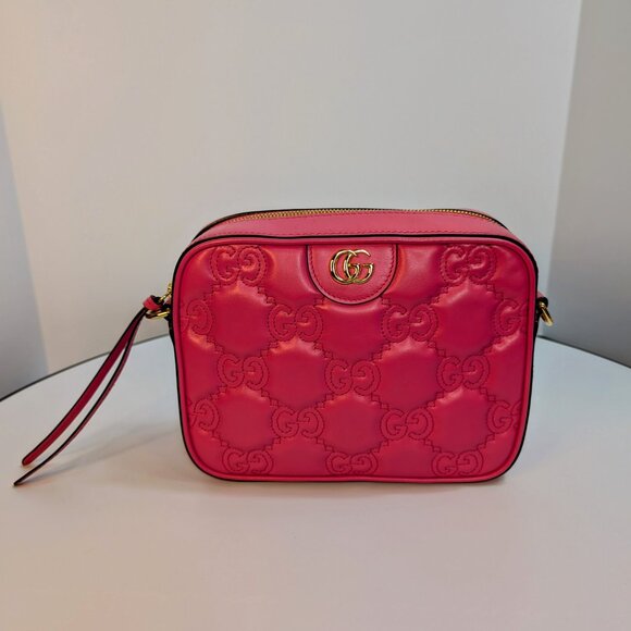 Gucci GG Hot Pink Matelasse Leather Double-Strap Camera Bag - Picture 12 of 16